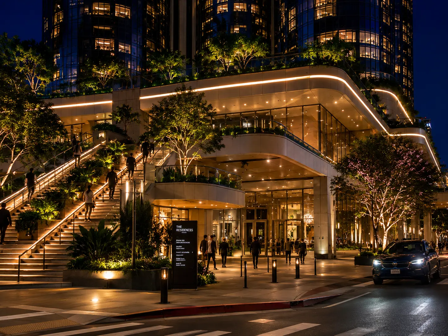 Main entrance — warm-lit stairs with terrace planting turn arrival into a gesture; the curved canopy edge signals shelter and welcome