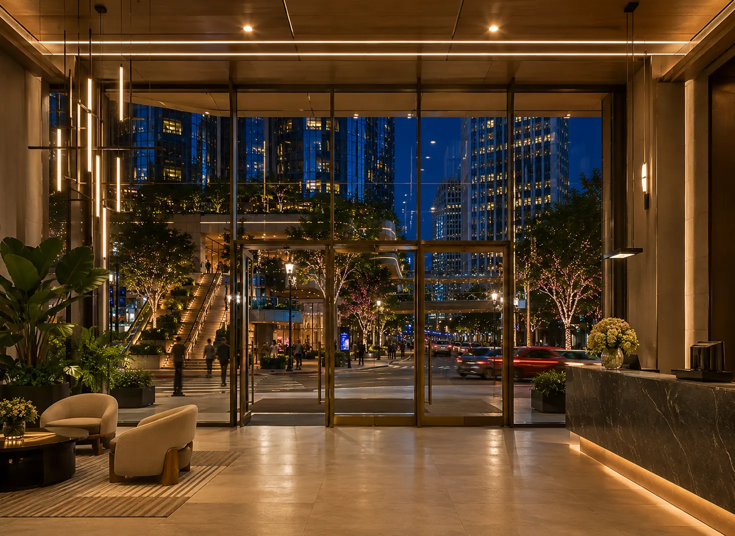 Lobby interior — full-height glazing, biophilic planting, and visible activity make the interior legible from the street
