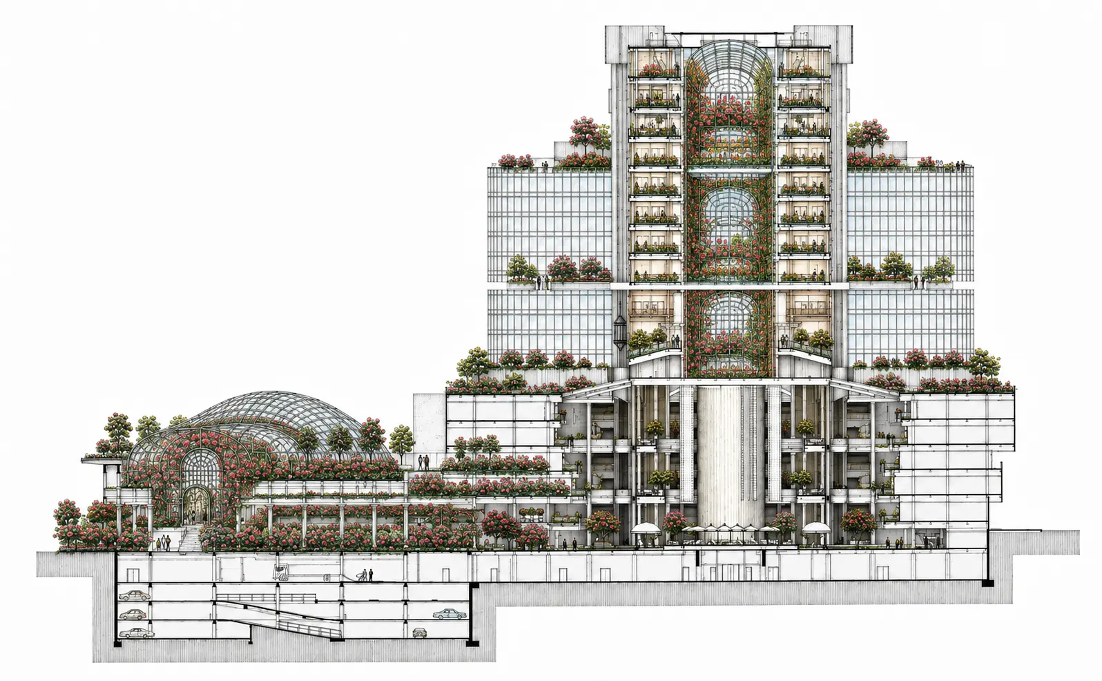 Iteration 01 — coloured line work. Rose planting on every terrace, a glass conservatory dome at the base, floor-by-floor balcony planting; the structure unchanged.