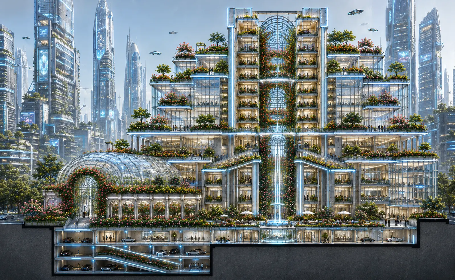Iteration 03 — speculative CGI vision in a near-future Los Angeles. The technological language shifts completely, but the biophilic landscape at the core of every iteration remains exactly the same.