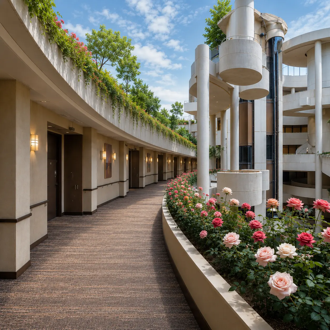 Open-sky rose garden corridor — the furthest-reach concept: the atrium completely open to the sky, climbing roses in every balcony planter, the lift core reading as a garden column. The version of the building that exists only in the imagination, but that the whole project works toward.