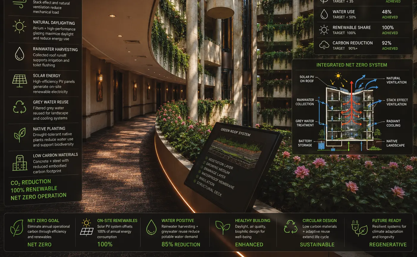 Net Zero Design strategy board — seven integrated systems: passive stack-effect cooling, atrium daylighting, rainwater harvesting, on-site solar PV, grey-water reuse, native drought-tolerant planting, and low-embodied-carbon structure.