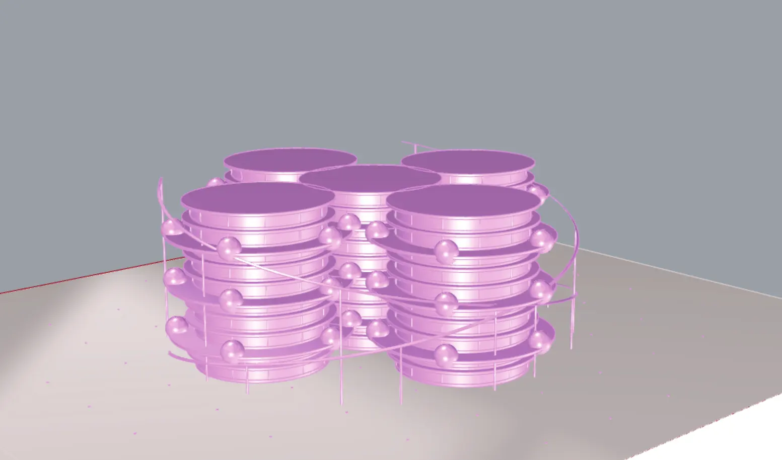 3D model — floor slabs and tower massing with visible horizontal banding